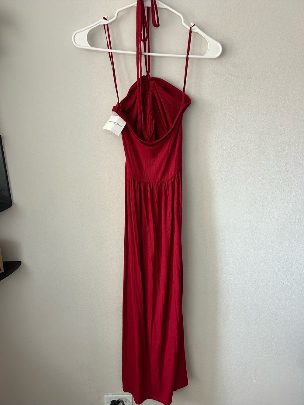 AE Red Ribbed Keyhole Halter Midi Dress with - Picture 4 of 6